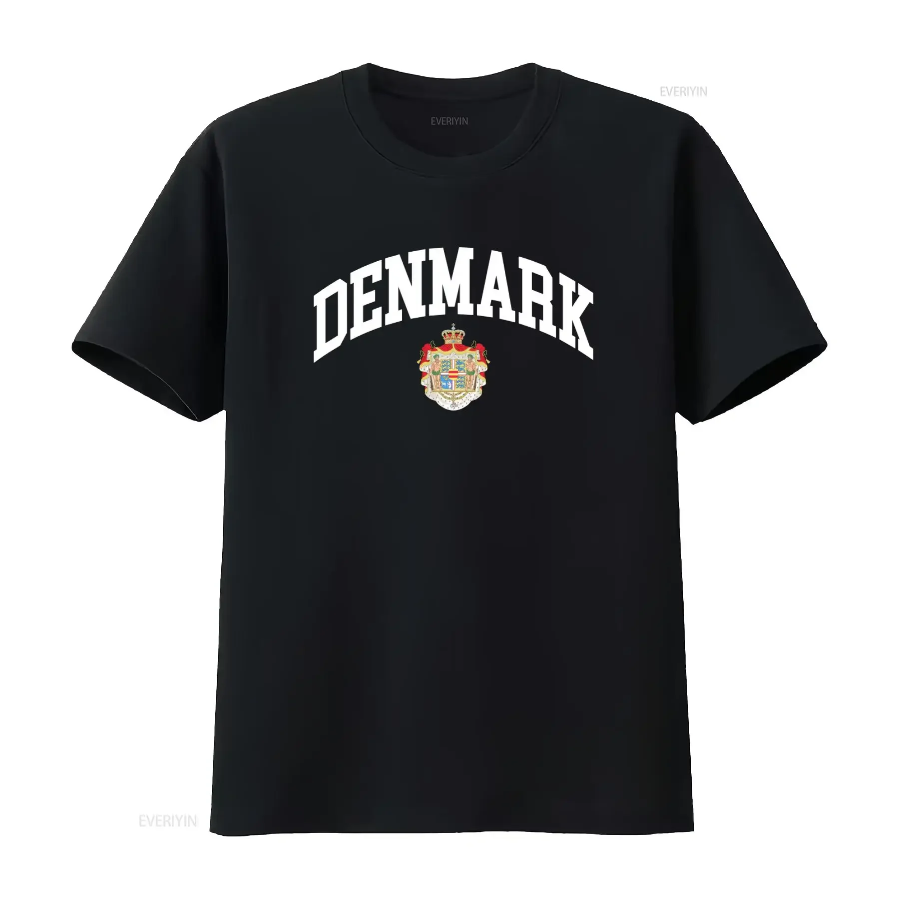 Dänemark-T-Shirt mit dänischer Flagge und königlichem Wappen-Design, perfekt für patriotische Mode in den USA, Vintage-Waschung.