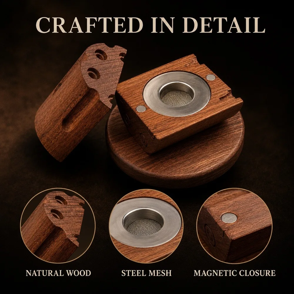 Multifunctional fruitwood cold smoking gift box set, featuring six different types of wood chips. The wooden smoking device made