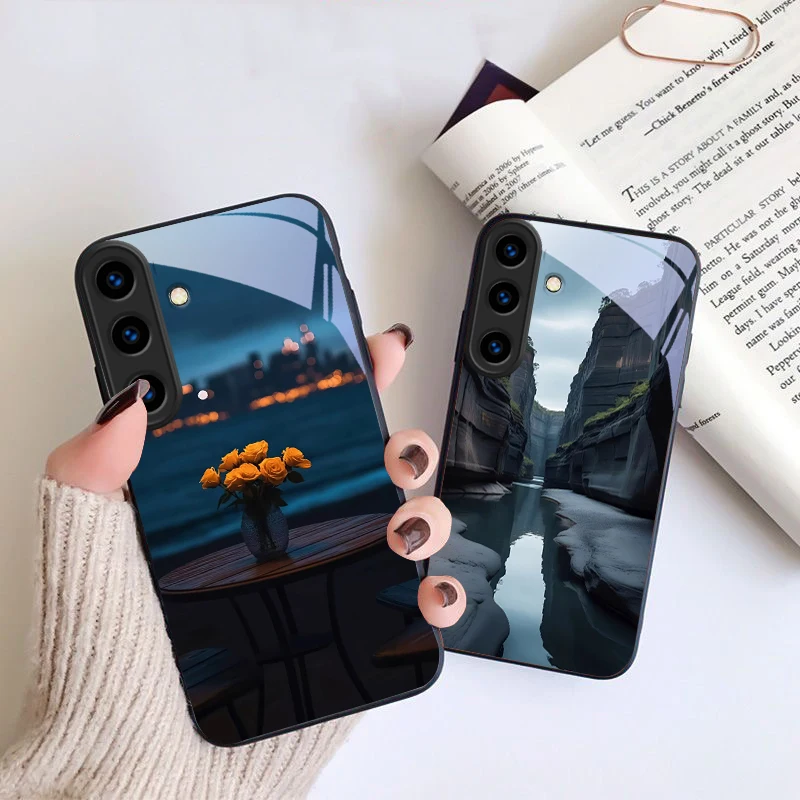 Warm orange halo tree For Samsung Galaxy S24 FE S23 S22 S21 S20 Plus S26 Ultra S25 Edge S25+ S24+ 22+ Black Glass Phone Case view 2