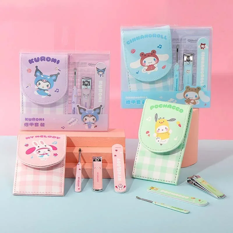 Kawaii Sanrioed Cinnamoroll Kuromi My Melody Manicure Set Cartoon Nail Clippers Nail File Cleaning Ear Digging Tool Storage Bag