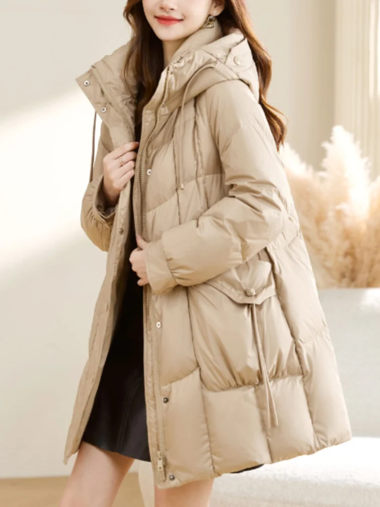 Winter Women\'s Jackets Thickened White Duck Down Down Jacket Hooded Medium-length Warm Coat Fashion Elegant Temperament Parka