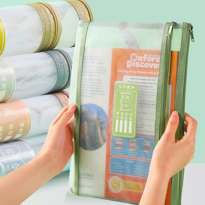 A4 File Folder Bag Double-layer Mesh Zipper Bag Large Capacity Document Organizer Transparent Storage Handbag School Stationery