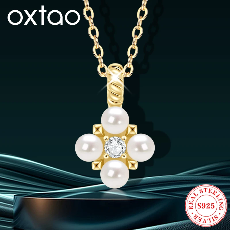 

OXTAO настоящее натуральное пресноводное жемчуг муассанит ожерелье из стерлингового серебра 925 пробы четыре листа клевера кулон ожерелье для женщин