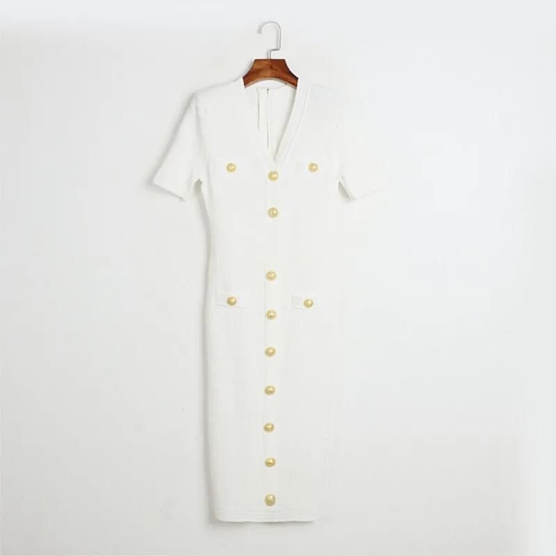 Gonna lunga in maglia a maniche corte 2025 Nuovo monopetto in metallo Elegante abito primavera estate Cerniera scollo a V Fahsion Abiti da donna