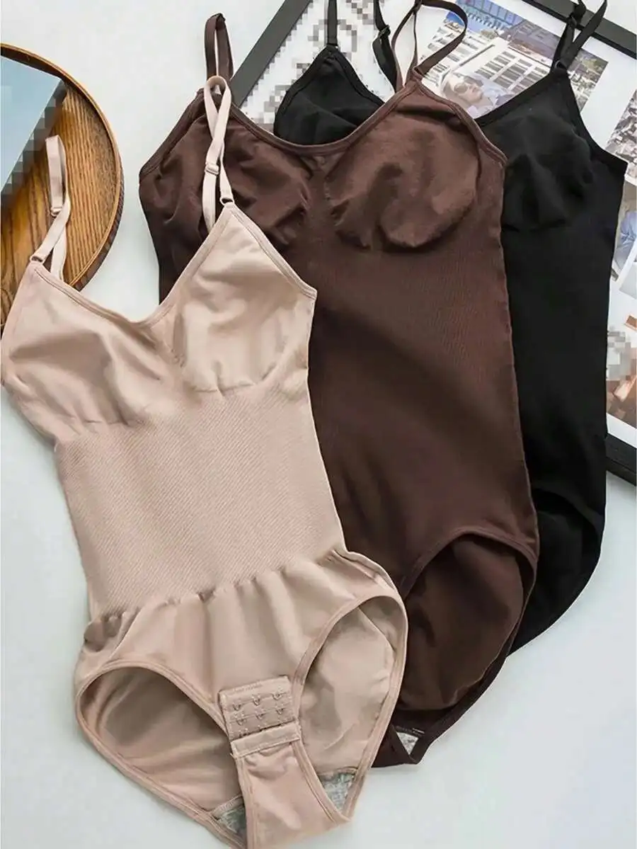 

3pcs Women's Seamless Body Shapers - Wide Shoulder Corset Adjustable Straps Tummy Control Butt Lift Snap Crotch Daily Wear Suit
