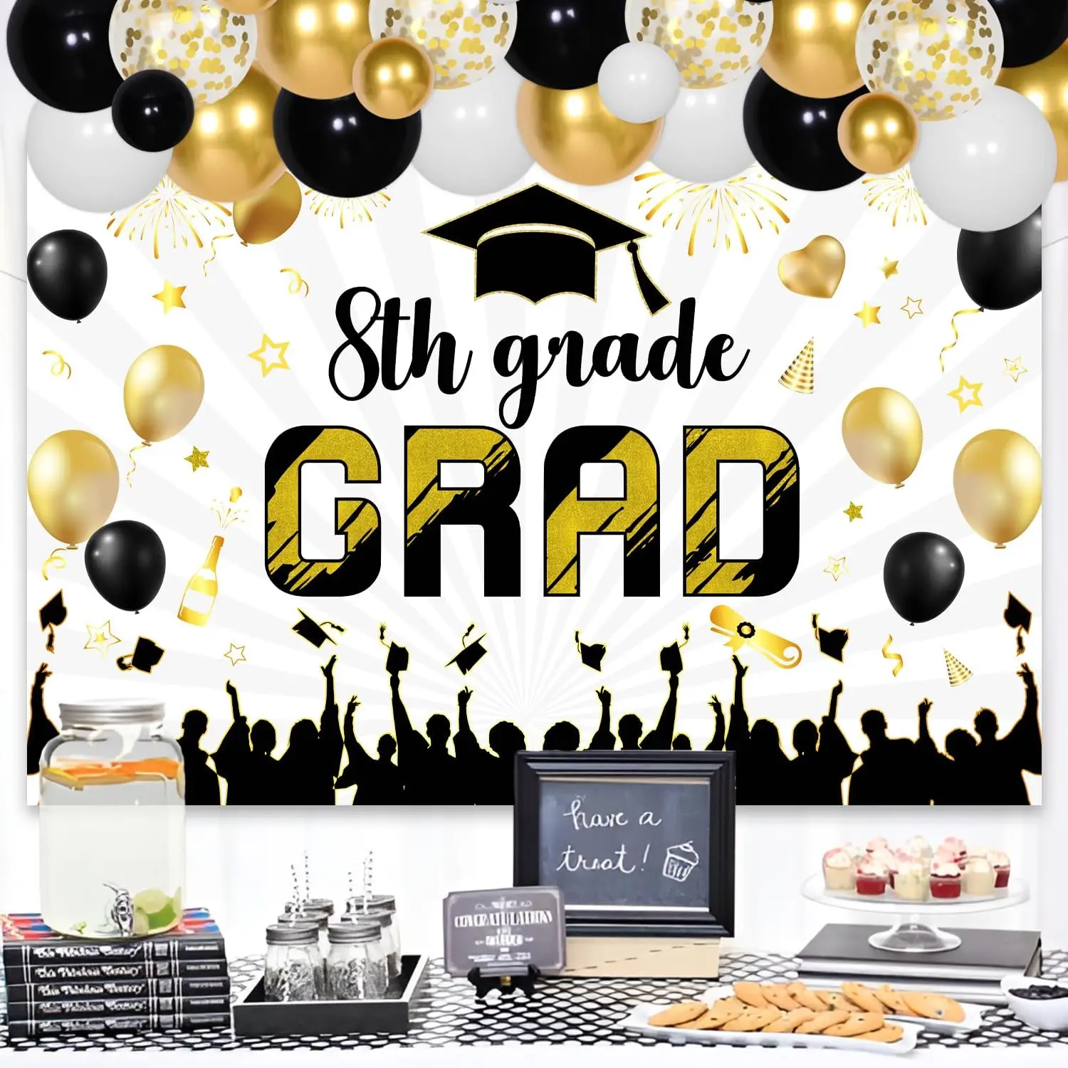 79Pcs Black Gold 8th Grade Graduation Decorations 2024 - 8th Grade Grad Backdrop Black Gold Balloon Garland Arch Kit