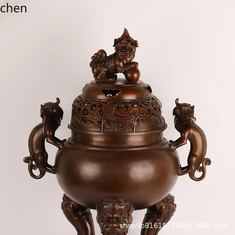 Cz brass incense burner with lid, tripod base, and double handles - home & office metal craft ornament