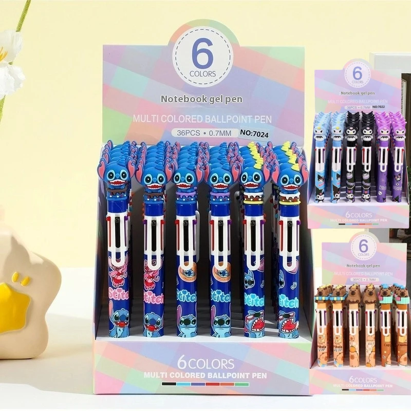 

Disney 36Pcs 6 Color Ballpoint Pen Cartoon Set Stitch Creative Press Sanrio Capibala Notebook Pen Students Learn Stationery