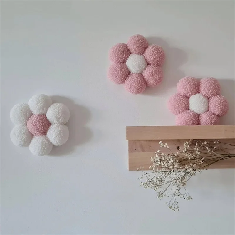 INS Boho Handmade Macrame Daisy Flower Pompom Pink Wall Decoration Nordic Yarn Sticker for Kids Room Nursery Decor Photo Props