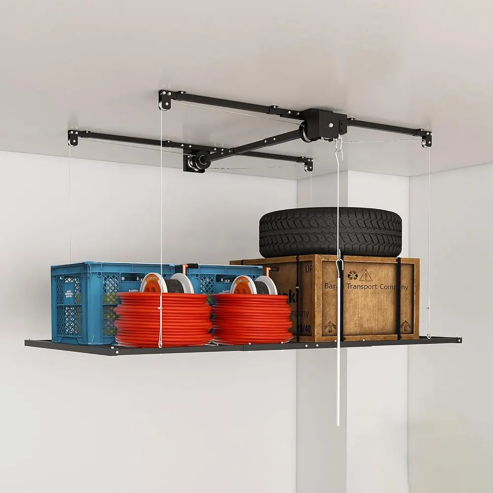 

x 8 Overhead Garage Storage Rack, Ceiling Racks for Garage, Organization Shelving, Adjustable Hanging Shelf, Grey, 19-143 Height