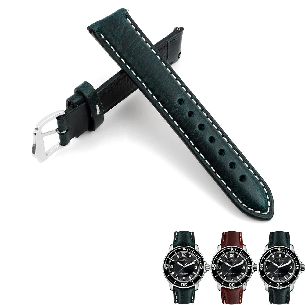 Buffalo Wax Leather High Watch Strap Handmade 16mm 18mm 19mm 20mm 22mm With Stainless steel buckle Stitching Quick Release