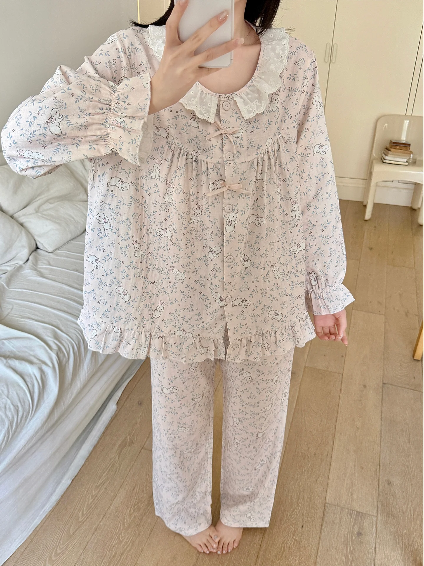 women's-cotton-nightgown-long-sleeve-home-clothes-spring-autumn-seasonal-large-size-cardigan-outerwear-floral-rabbit-set