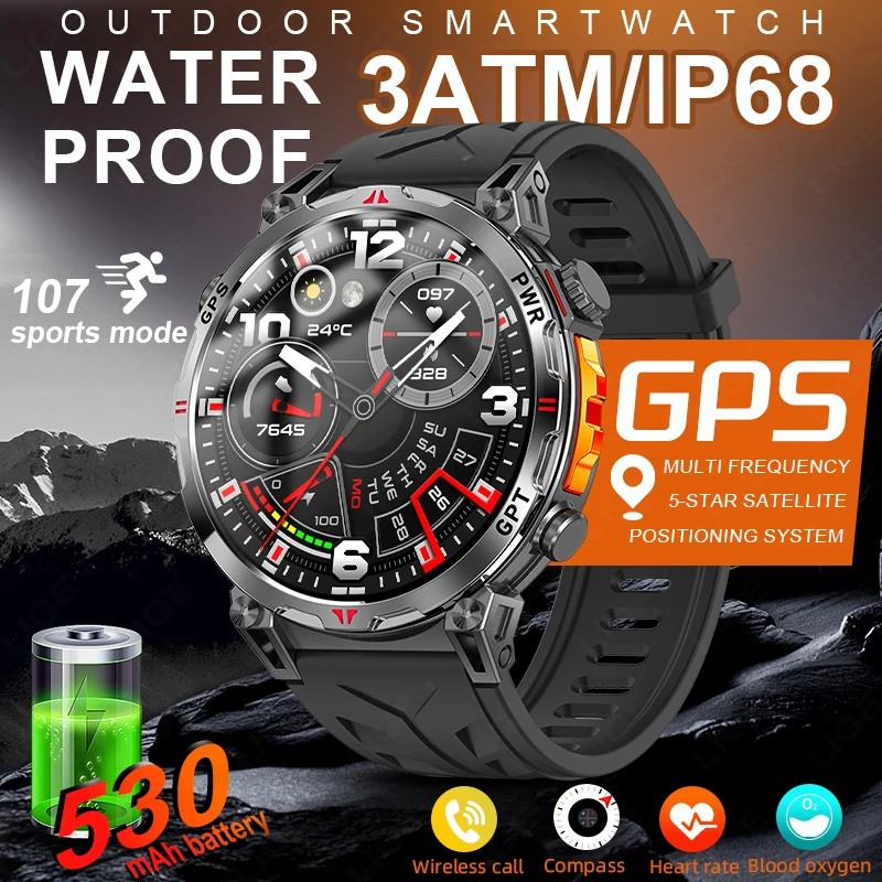 

Новинка 2025 года, умные часы премиум-класса с GPS, уличный альтиметр, барометр, AMOLED-экран, встроенный GPS-компас, военные спортивные умные часы для мужчин