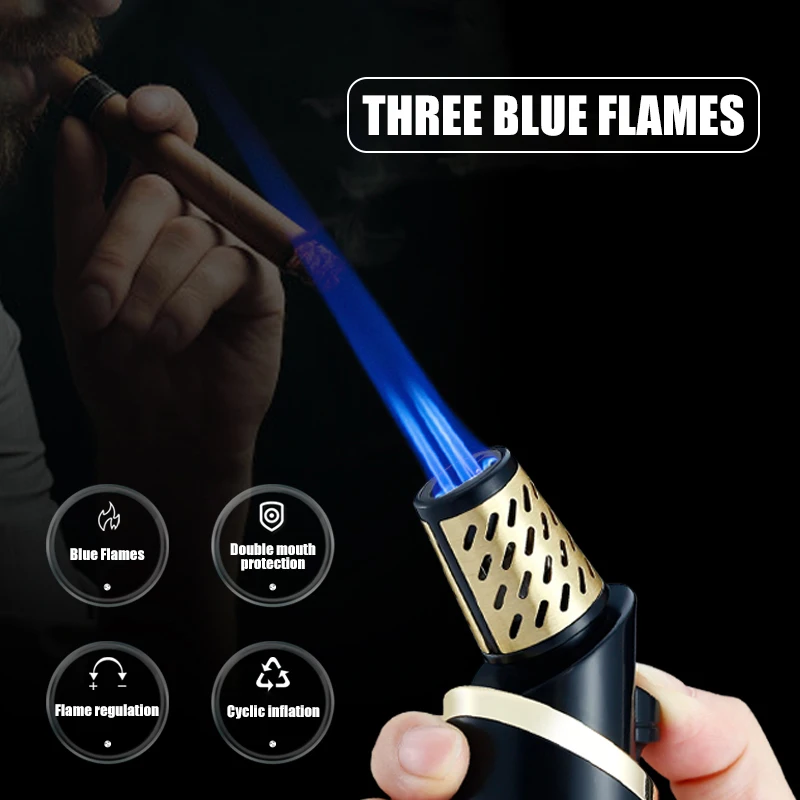 JOBON Multi Functional Cigar Lighter Strong Three Blue Flame Bottom 8mm Cigar Diamond Knife Adjustable Flame Cigar Needle