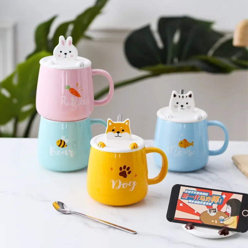 

Ins Forest cartoon phone stand ceramic mug with cover spoon animal cute student couple gift cup