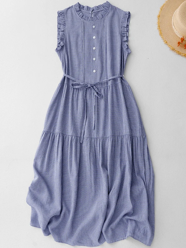 Retro japanische blaue karierte Weste Dr. Damen Sommer Design Sensation Taille Cinching Schlankheitsgurt lang Dr