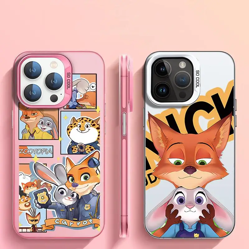 Matte Phone Case for Apple iPhone 15 14 13 12 11 pro Max 15plus 14plus Disney Zootopia Nick Judy Colorful Silver Acrylic Cover