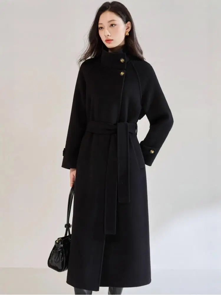 

Office Lady Elegant Fashion Woolen Jackets 2025 Autumn And Winter Stand Collar Lace-Up Loose Women's 100% Wool Long Coats