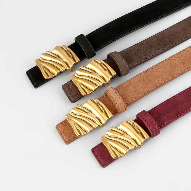 

Осень 2021, дизайнерские замшевые поясные ремни из натуральной кожи, женские винтажные металлические мятые пряжки, джинсовый ремень из коровьей кожи Cinturon Mujer