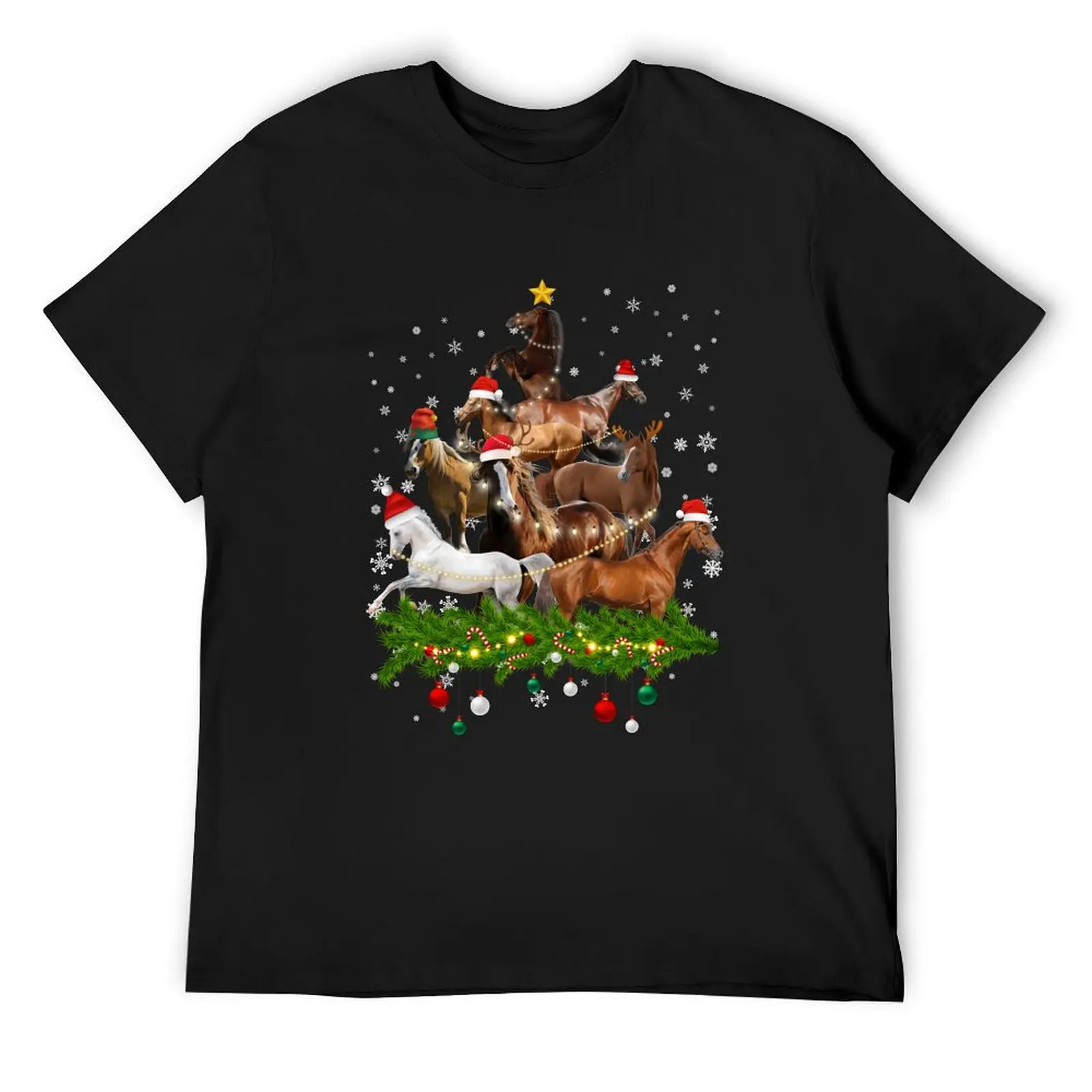 Funny Merry Horse Christmas Tree Lights Horse Santa Hat Men T-Shirt cheap stuff plus size men clothing