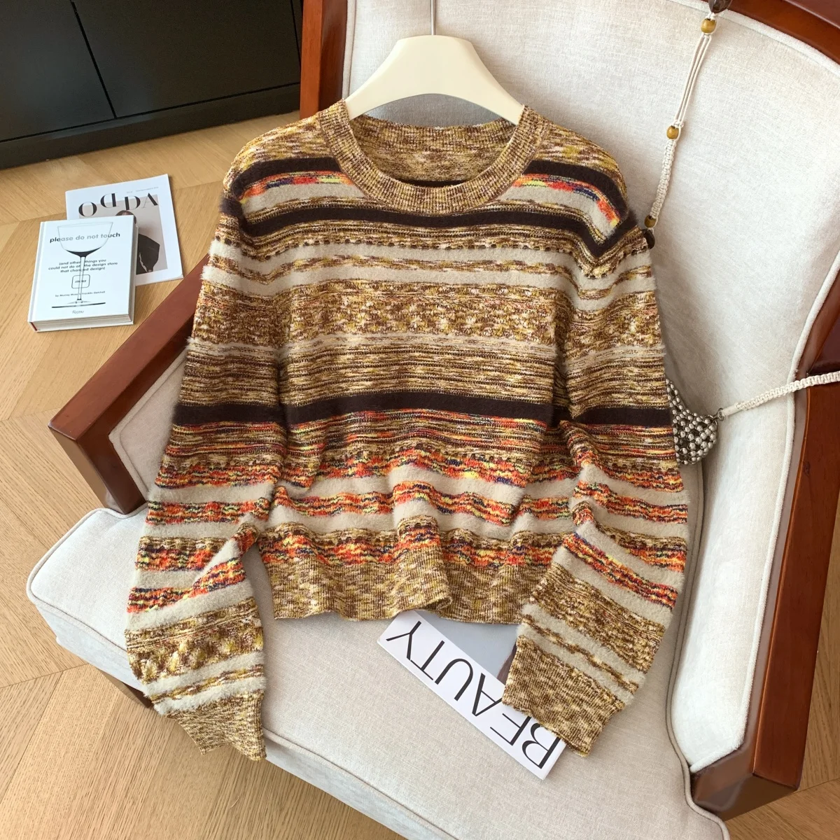 Women's O-Neck Striped Pullover Knitwear Sweater Vintage 2000s Y2k Jumper Knitwear Long Sleeves Cashmere Sweater Autumn Clothes