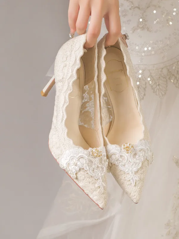 French Elegant Wedding Shoes 2026 New Spring Bride Shoes Main Wedding Dress Engagement Lace Fairy Wind Stiletto High Heels Women