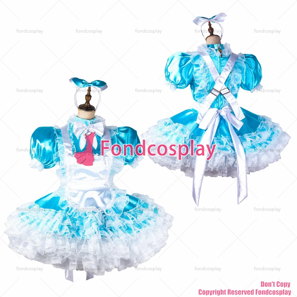 

fondcosplay adult sexy cross dressing sissy maid short blue satin dress lockable Uniform white apron costume CD/TV[G2118]