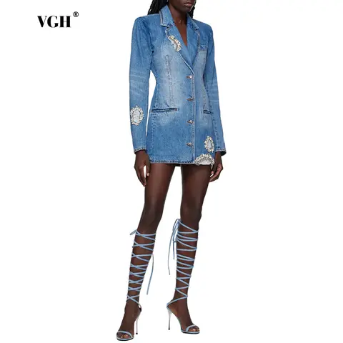 VGH Backless American Retro Denim Jacket for Women Laple Long Sleeve Spliced Beading Fashion Catwalk Style Blazer Female Spring