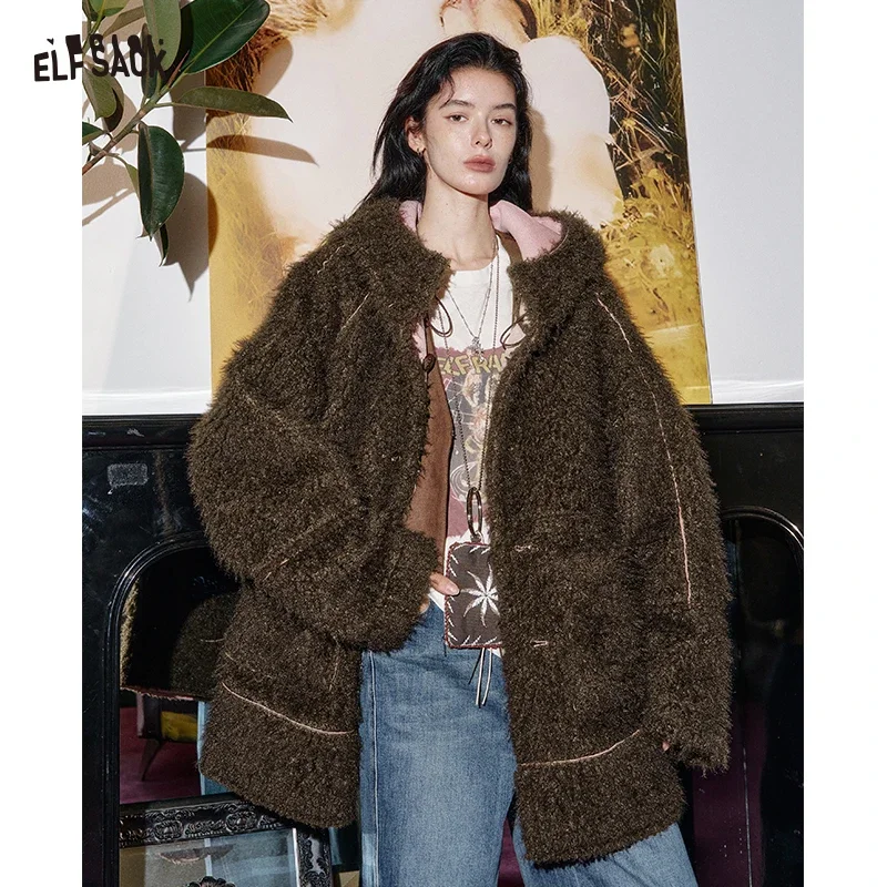 ELFSACK  Winter Cozy Fuzzy Sherpa-lined Hooded Oversized Cotton Long Coat For Woman