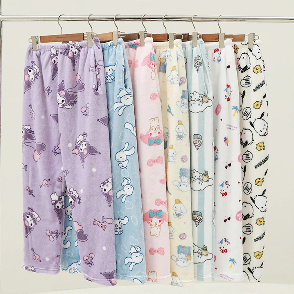 Anime Sanrioed Hello Kitty Kuromi Melody Pajama Pants Women Kt Plush Trousers Kawaii Cotton Winter Keep Warm Thicken Home Pants