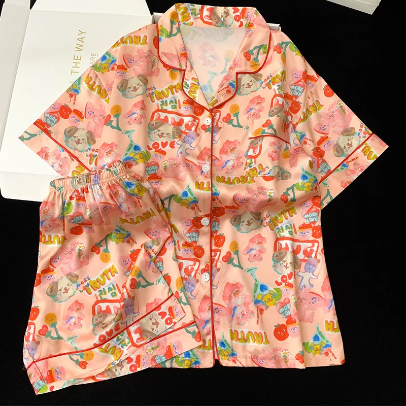 Summer Ladies New Pajamas Homewear Set Cute Sweet Wind Ice Silk Pajamas Homewear Women Dopamine Graffiti Love Print Homewear