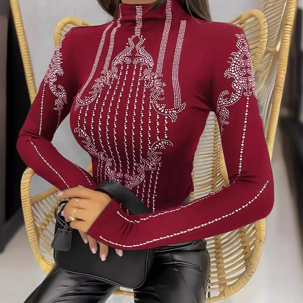 Women's Clothing Hot Drilling Slim Top Turtleneck Fashion Casual Blouse Tops Solid Color Diamonds Rheinstone