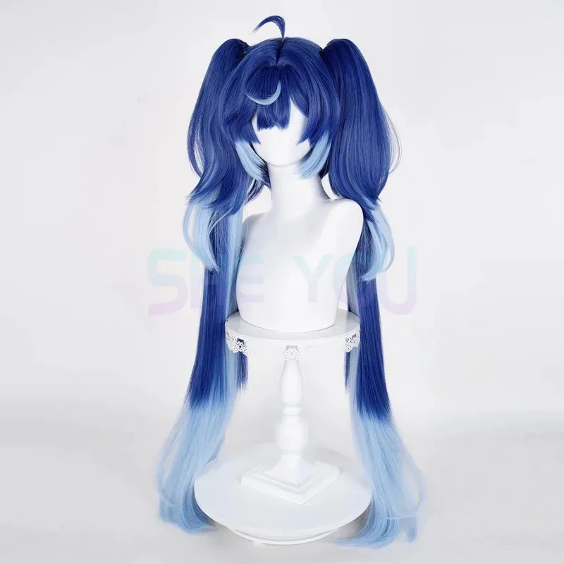 Wuthering Waves Iuno Cosplay Perücke Blauer Farbverlauf Lange Gerade Doppelte Pferdeschwänze Synthetische Perücken Für Frauen Mädchen Rinascita Halloween