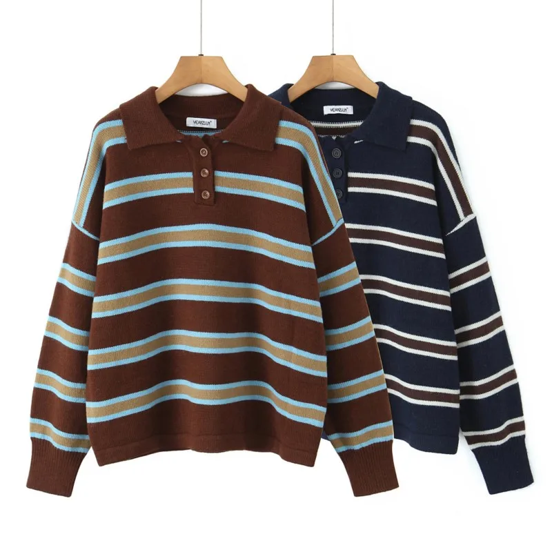 

Long-Sleeve Color-Blocked Striped Knit Top Soft Casual Outfits 2025 Autumn Women's Korean-Style Retro Polo Collar Sweater