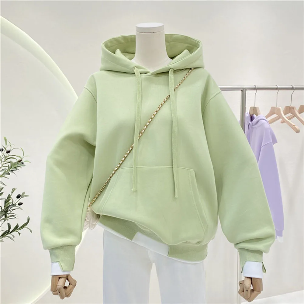 Fresh Light Green Fake Two Piece Sweatshirt 2024 Spring Ladies Thin Irregular Cuff Split Design Hooded Pullover Casual Loose Top