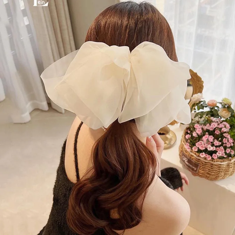 2023 New Black Oversize Bow Hairpin for Women Net Yarn Bowknot Ribbon Spring Clip Hair Clip Long Lady Wedding Summer Accessories