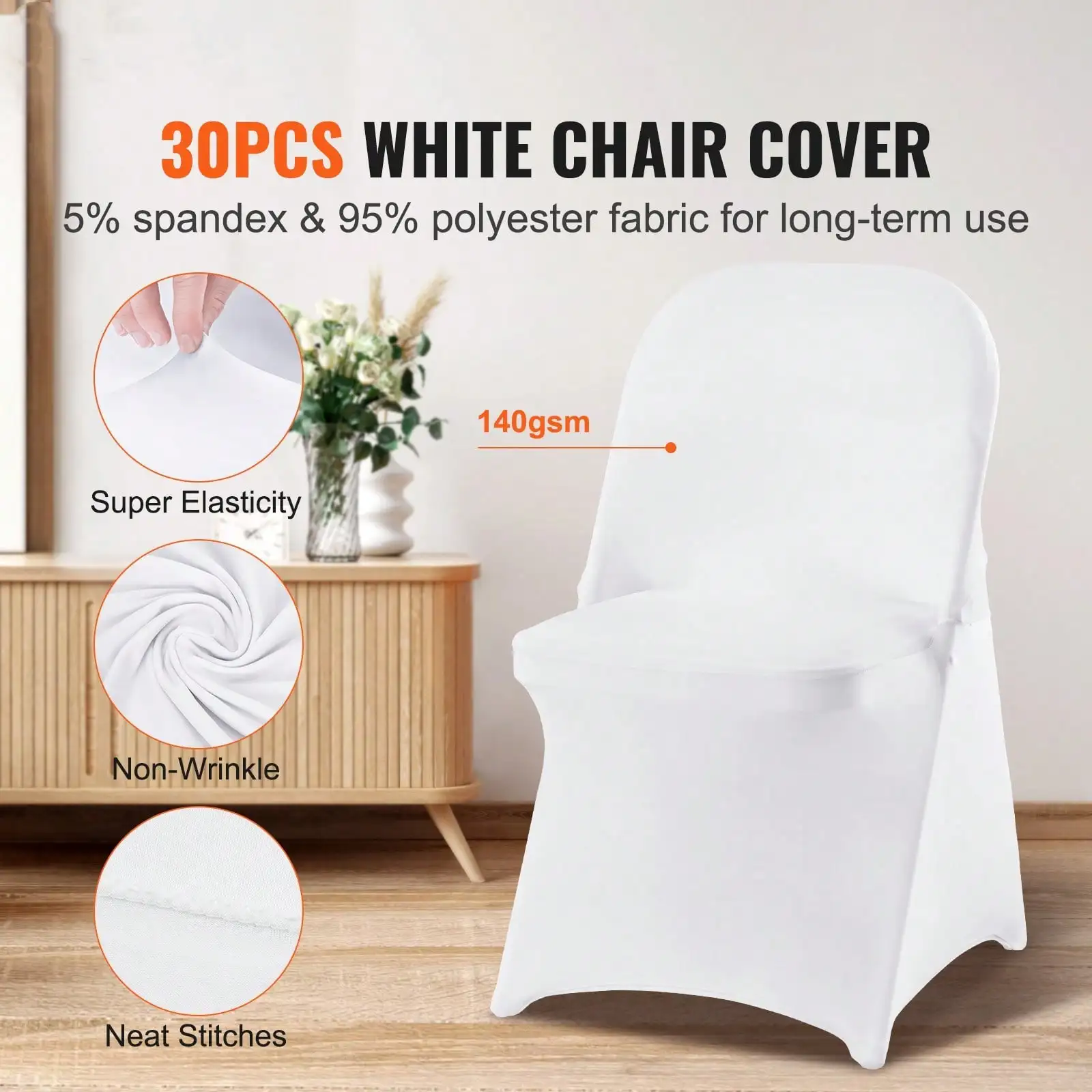 30Pcs Spandex Chair Covers White Folding Kitchen Chairs Cover Universal Washable Slipcovers Protector Removable Chair Seat Covers For Wedding Party Dining Room Banquet Event, Reception