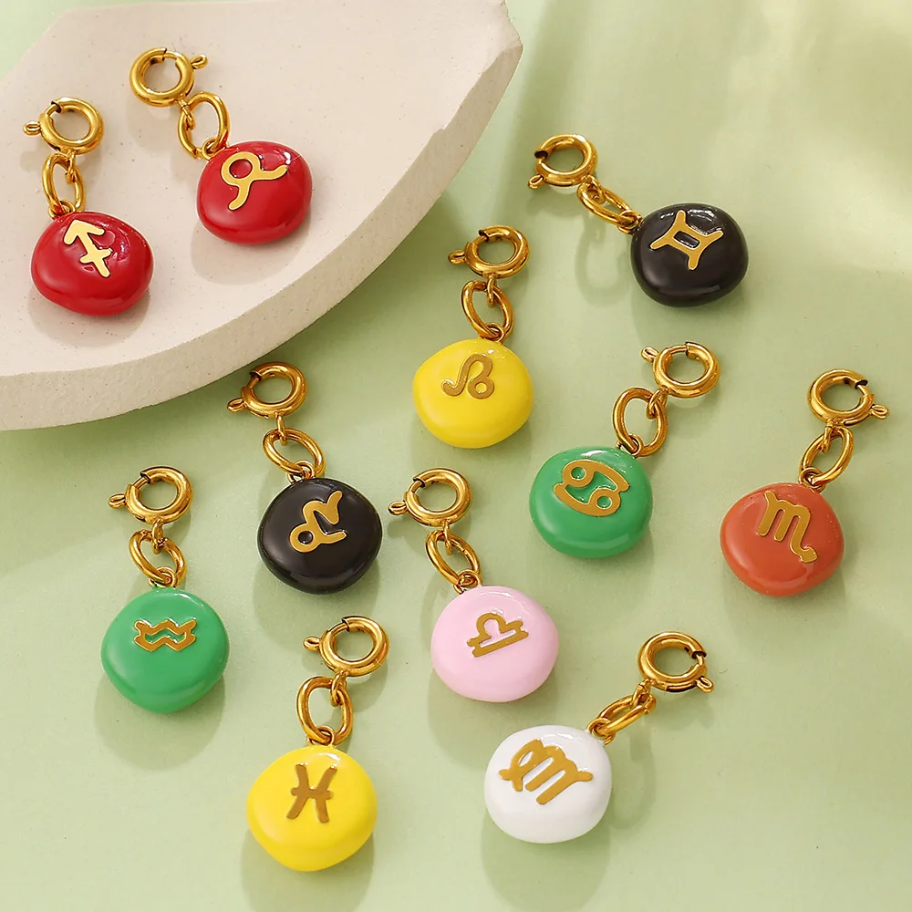 INS Trendy European American Dopamine Zodiac Pendant Colorful Enamel Disc Toggle Clasp Charms Versatile Stackable Choker Decor