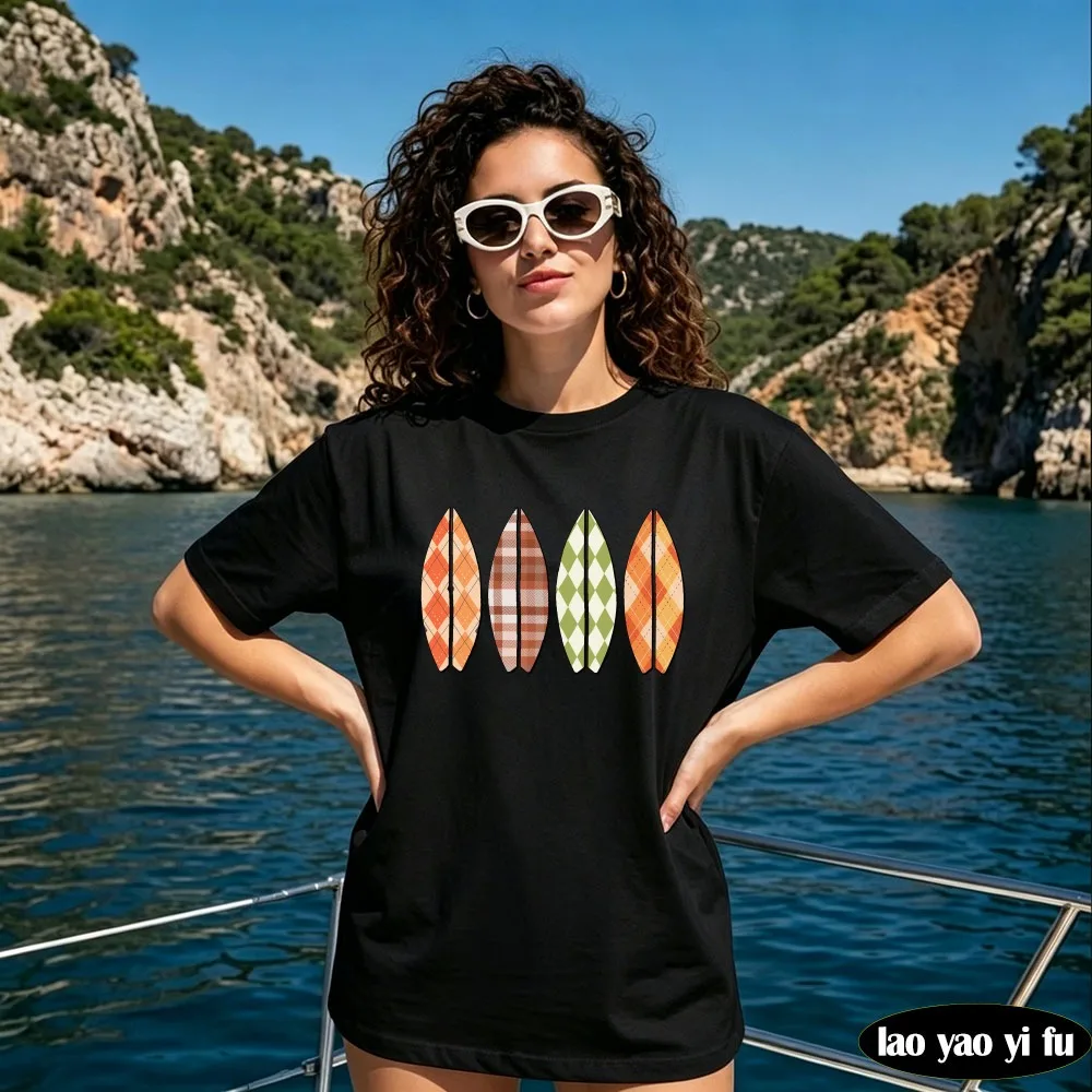 Surfboard Fall Beach T-Shirt Autumn Surf Tee Gift for Surfer Beachy Surfing Tops Women Outdoor Sports Graphic Print Clothes