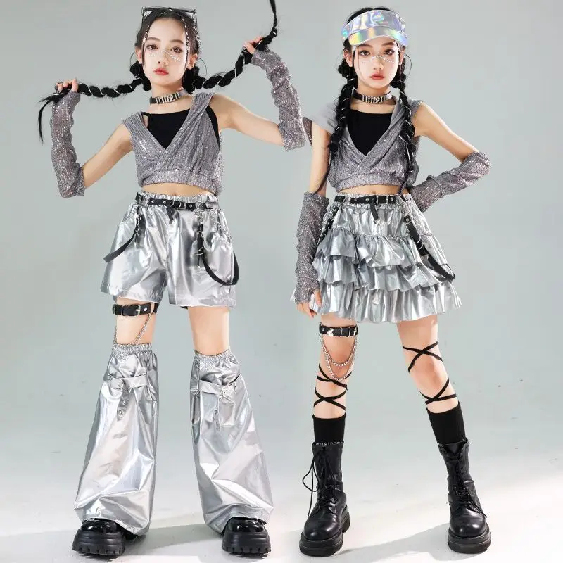 Dziewczęta K-pop Sequin Crop Hoodies Street Dance Shorts Kids Hip Hop Jazz Skirts Silver Pants Clothes Sets Child Streetwear Costumes