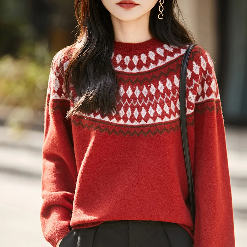 

Нежный шикарный жаккардовый свитер с круглым вырезом, мягкие теплые женские пуловеры, удобный простой трикотаж из 100% мериносовой шерсти, толстые топы стандартного кроя