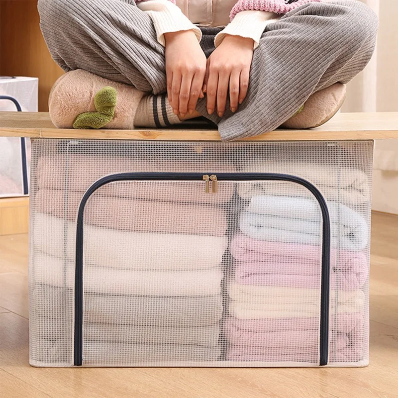 Boîte de rangement transparente avec cadre en acier, mallette de rangement pliable, conteneur T1 pour vêtements, grill, drap de lit, couverture, oreiller, chaussure
