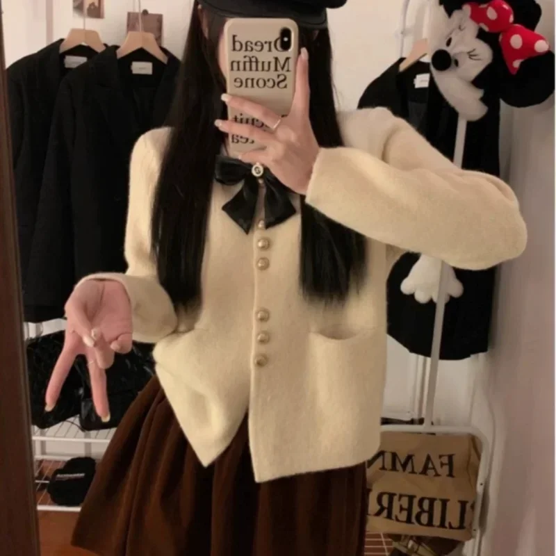 Cardigan Women Bow Design Cozy Elegant Chic Trendy All-match Autumn Knitted Korean Fashion Classic Popular Ins Exquisite Slouchy