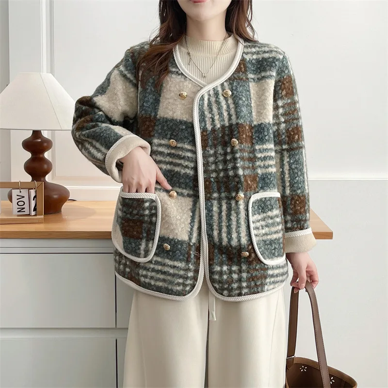 

Modigirl женская винтажная шикарная куртка в клетку 2026 ретро свободная текстурированная карманы осень-зима элегантная повседневная верхняя одежда для женщин