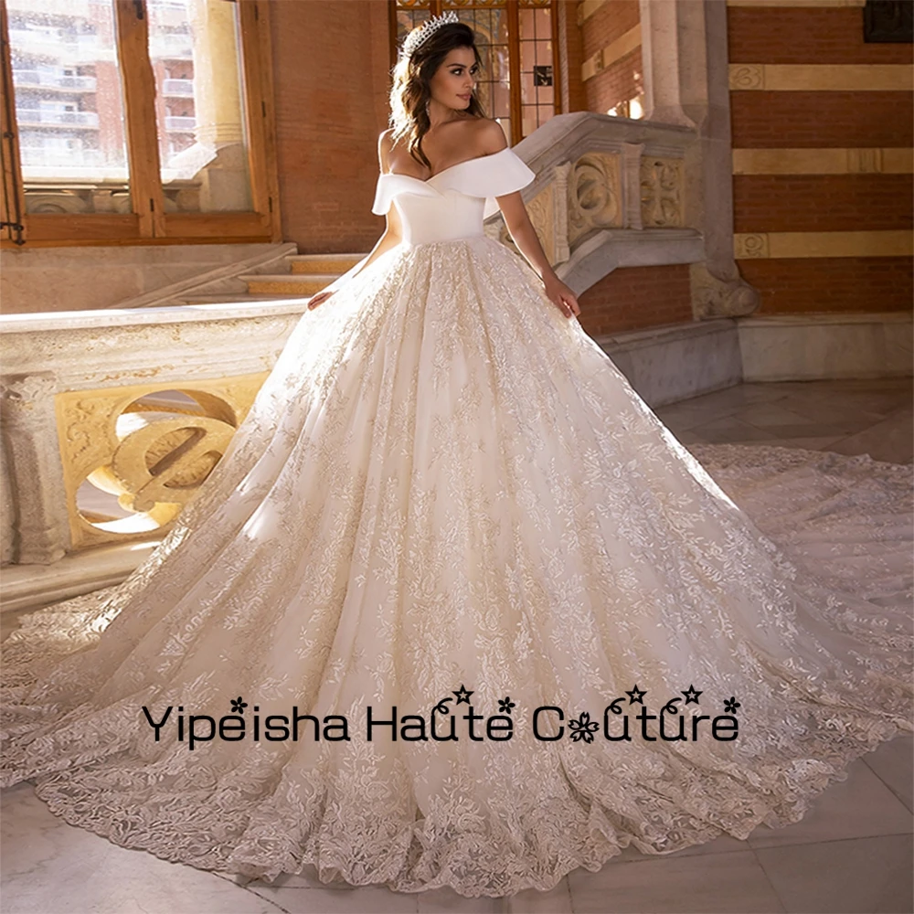 

Yipeisha A Line Luxury Off Shoulder Strapless Wedding Dresses Lace Ball Gowns Sweep Train Bridal 2022 Summer Robe De Marié