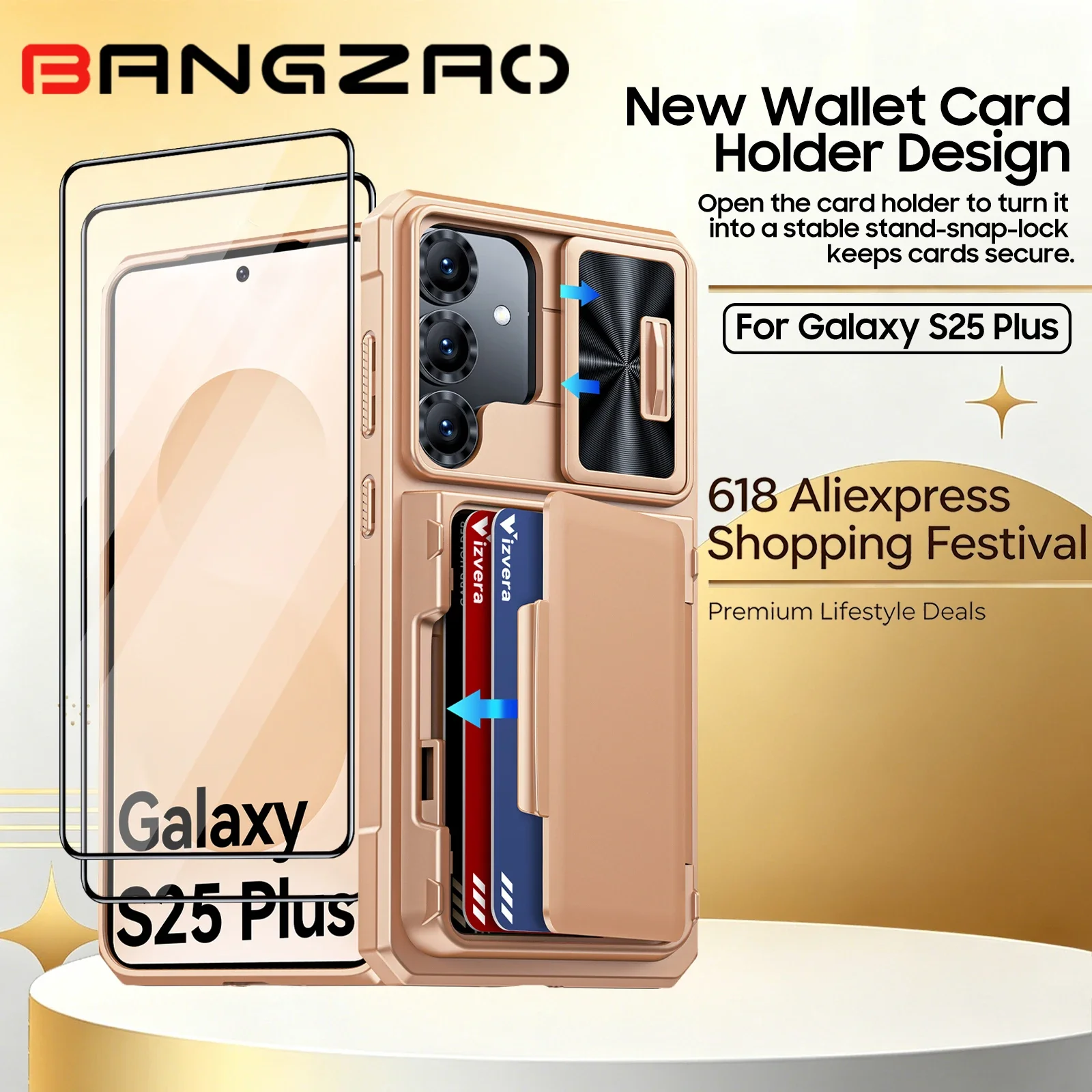 618Deals For Samsung Galaxy S25 Plus Wallet Case with Card Slot Slide Camera Protection Anti-Fingerprint Rugged Phone Cover-Gold