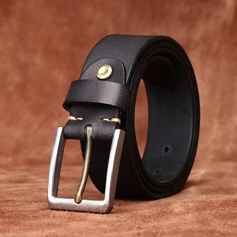 04 Stainless steel belt men's leather pin buckle first layer cowhide casual pants with high-end simple retro belt men's tide