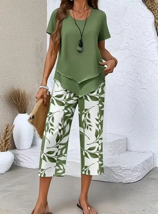 

Two Piece Set Women Outfit 2026 Spring Summer New Solid Color Round Neck Short Sleeved T-Shirt & High Waist Wide Leg Pants Set