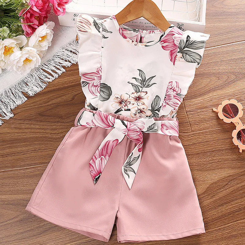 

3-7Y Children's Sets Summer Printed Fashion Flying Sleeve Round Neck T-shirt Solid Color Girls Casual Shorts Two Piece Set