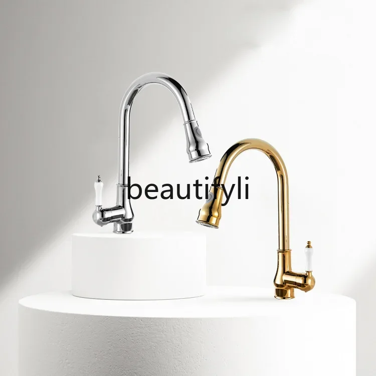 Full copper gold kitchen pull-out faucet hot and cold vegetable basin dishwasher French retro retractable household faucet